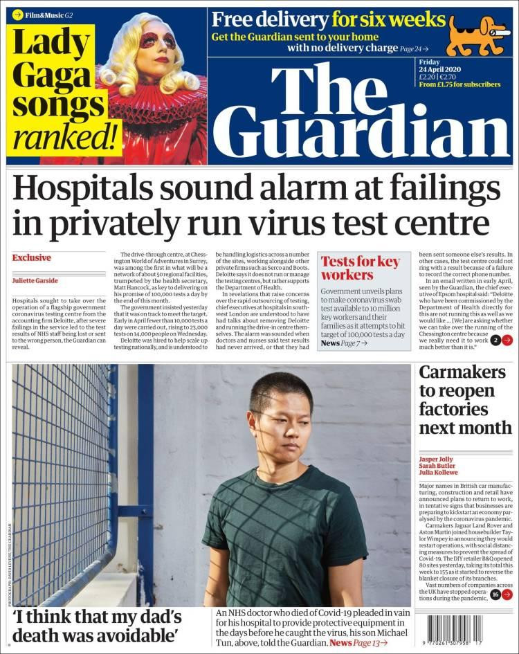 Tapas de diarios, Guardian, viernes 24 de abril de 2020