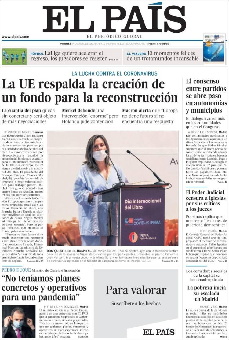 Tapas de diarios, El País, viernes 24 de abril de 2020