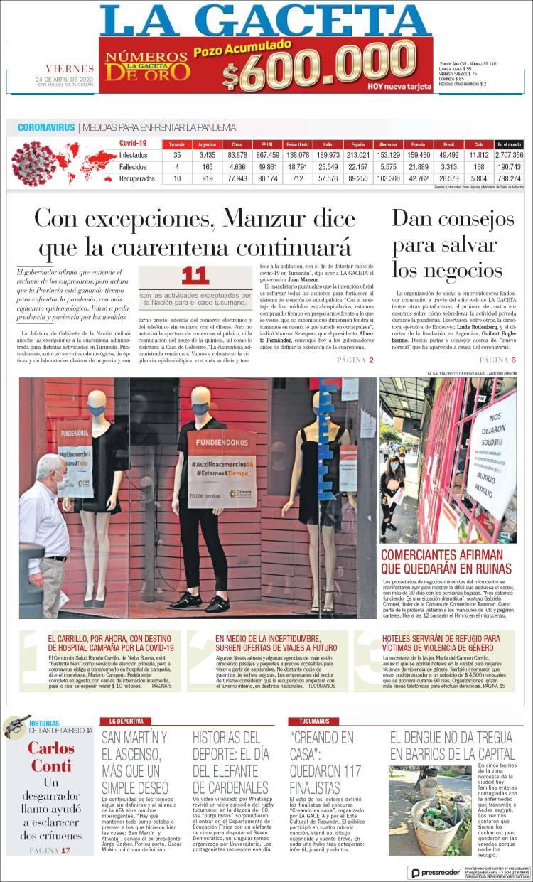 Tapas de diarios, La Gaceta, viernes 24 de abril de 2020