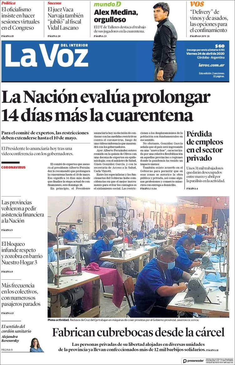 Tapas de diarios, La Voz, viernes 24 de abril de 2020