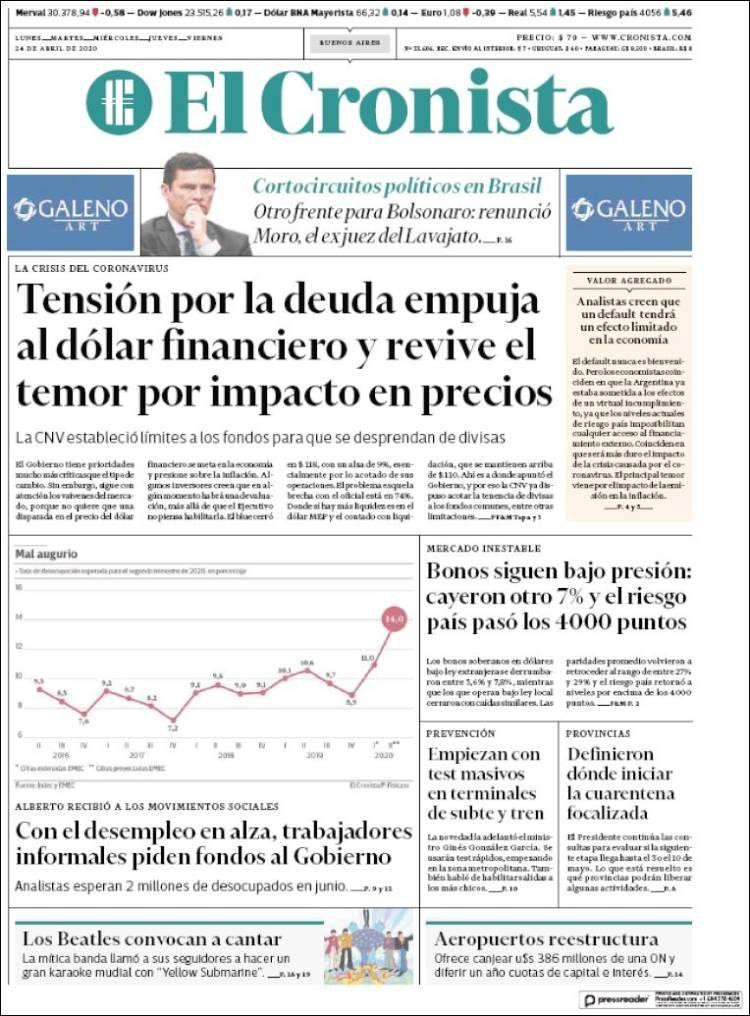 Tapas de diarios, El Cronista, viernes 24 de abril de 2020
