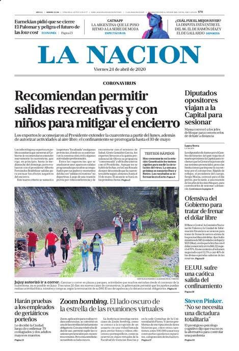 Tapas de diarios, La Nación, viernes 24 de abril de 2020
