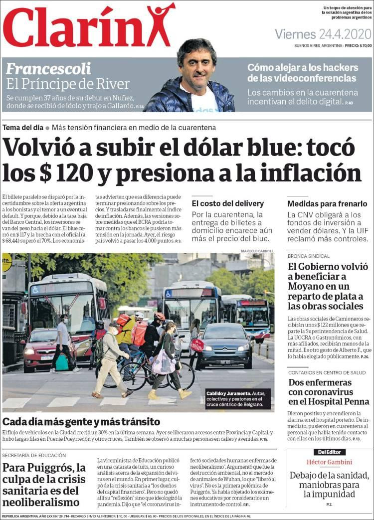 Tapas de diarios, Clarín, viernes 24 de abril de 2020