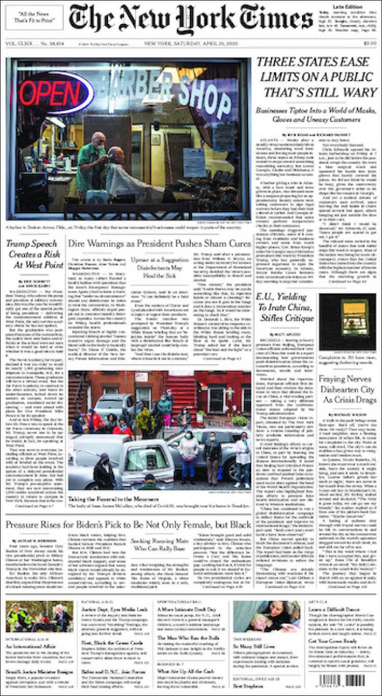 Tapas de diarios, The New York Times, sábado 25 de abril de 2020