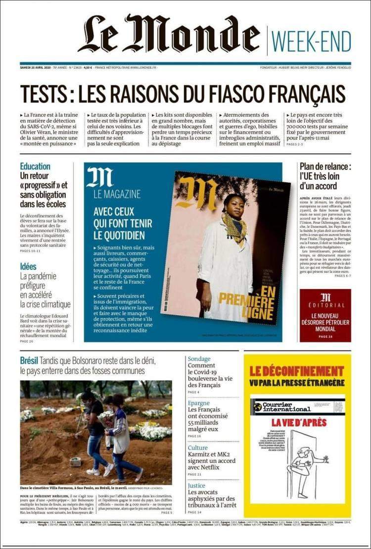 Tapas de diarios, Le Monde, sábado 25 de abril de 2020