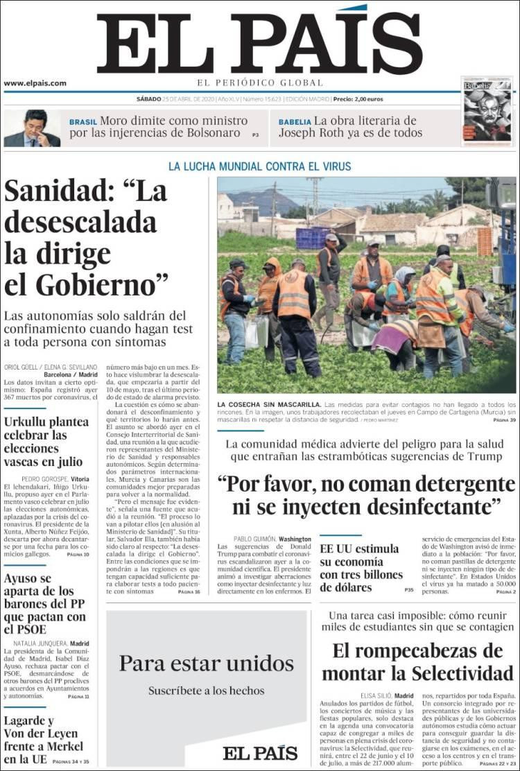 Tapas de diarios, El País, sábado 25 de abril de 2020