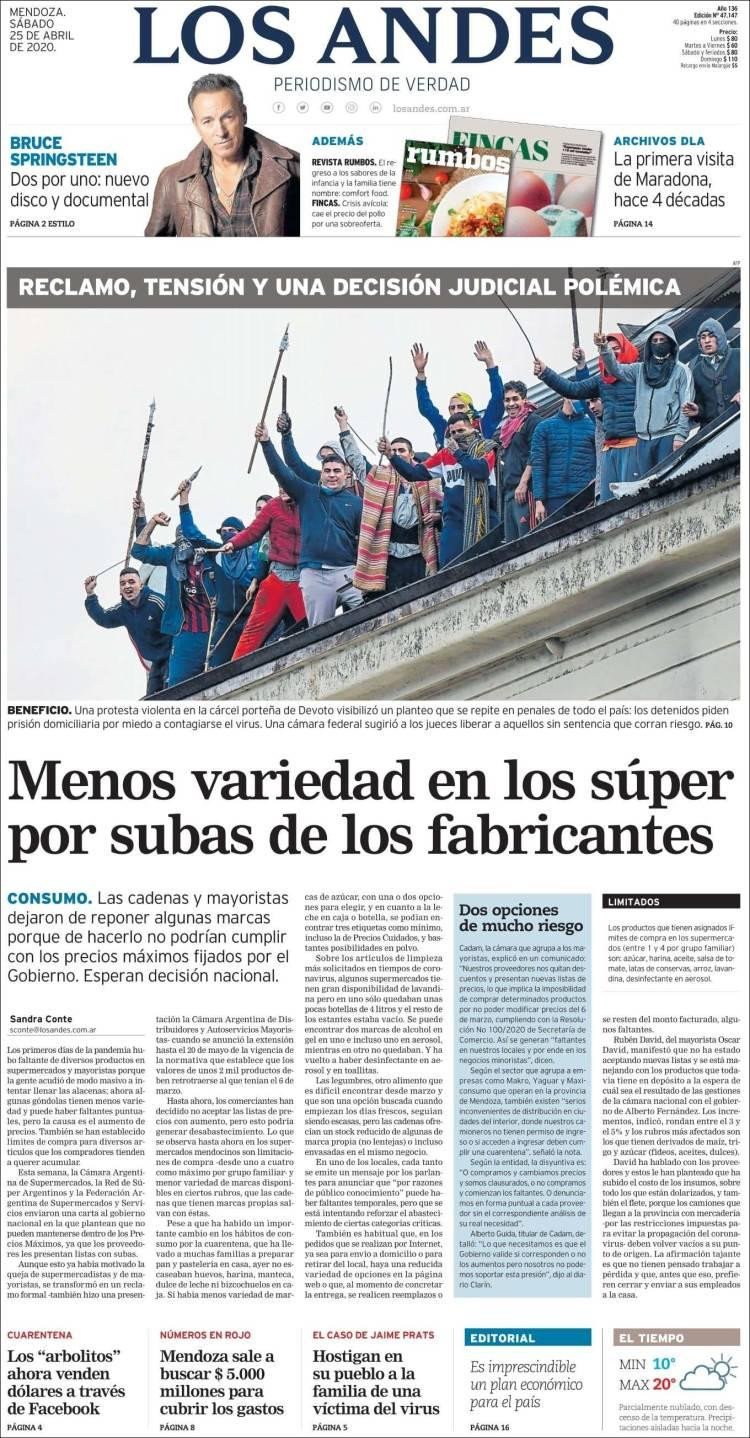 Tapas de diarios, Los Andes, sábado 25 de abril de 2020