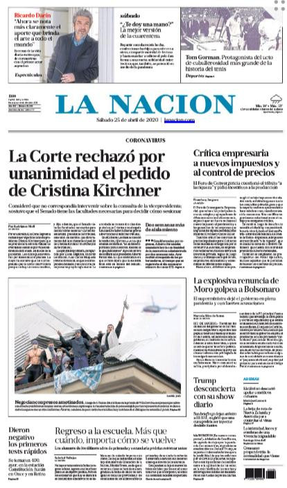Tapas de diarios, La Nación, sábado 25 de abril de 2020