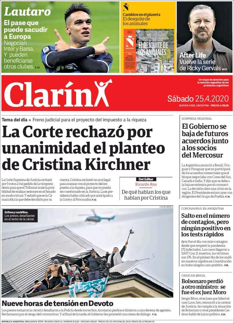 Tapas de diarios, Clarín, sábado 25 de abril de 2020