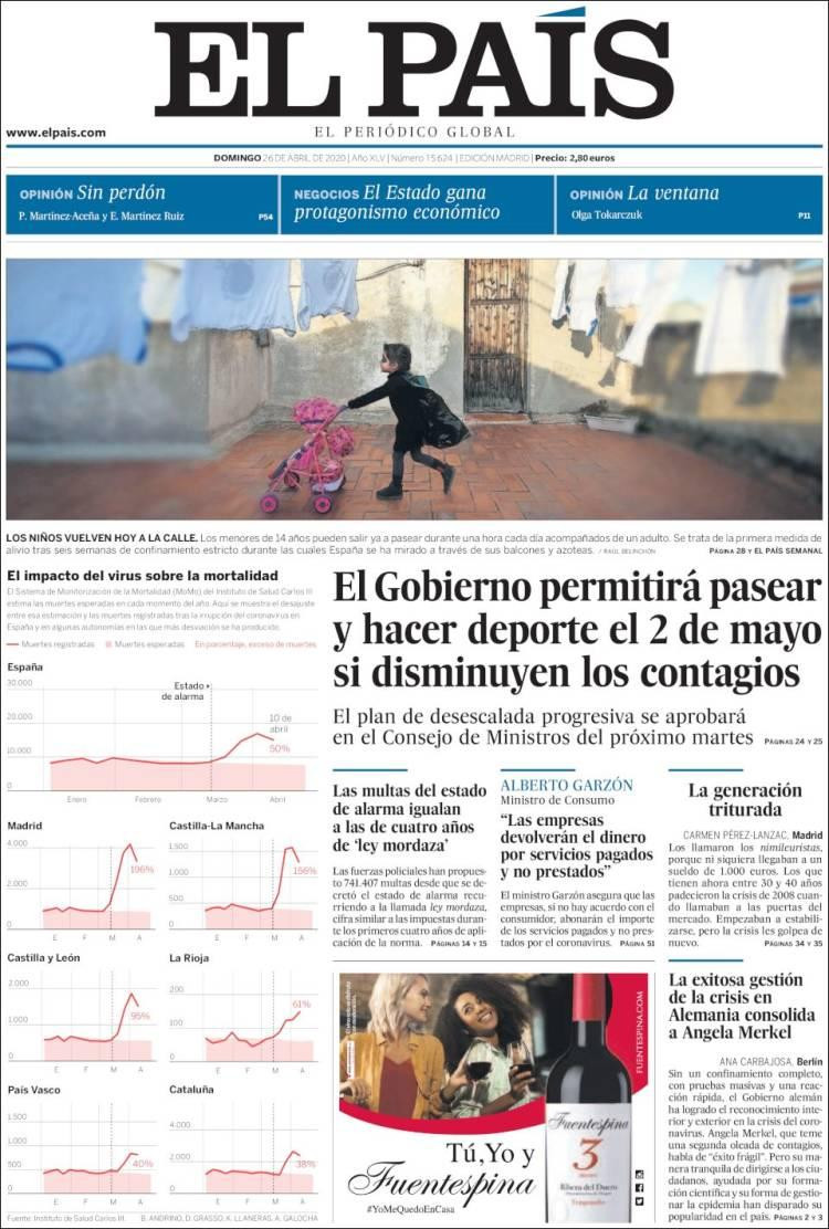 Tapas de diarios, El País, domingo 26 de abril de 2020