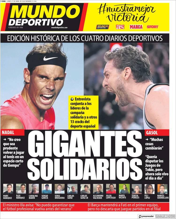 Tapas de diarios, Mundo Deportivo de España, lunes 27 de abril de 2020
