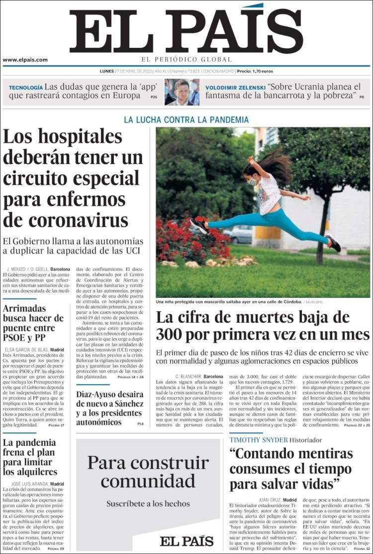 Tapas de diarios, El Pais de España, lunes 27 de abril de 2020