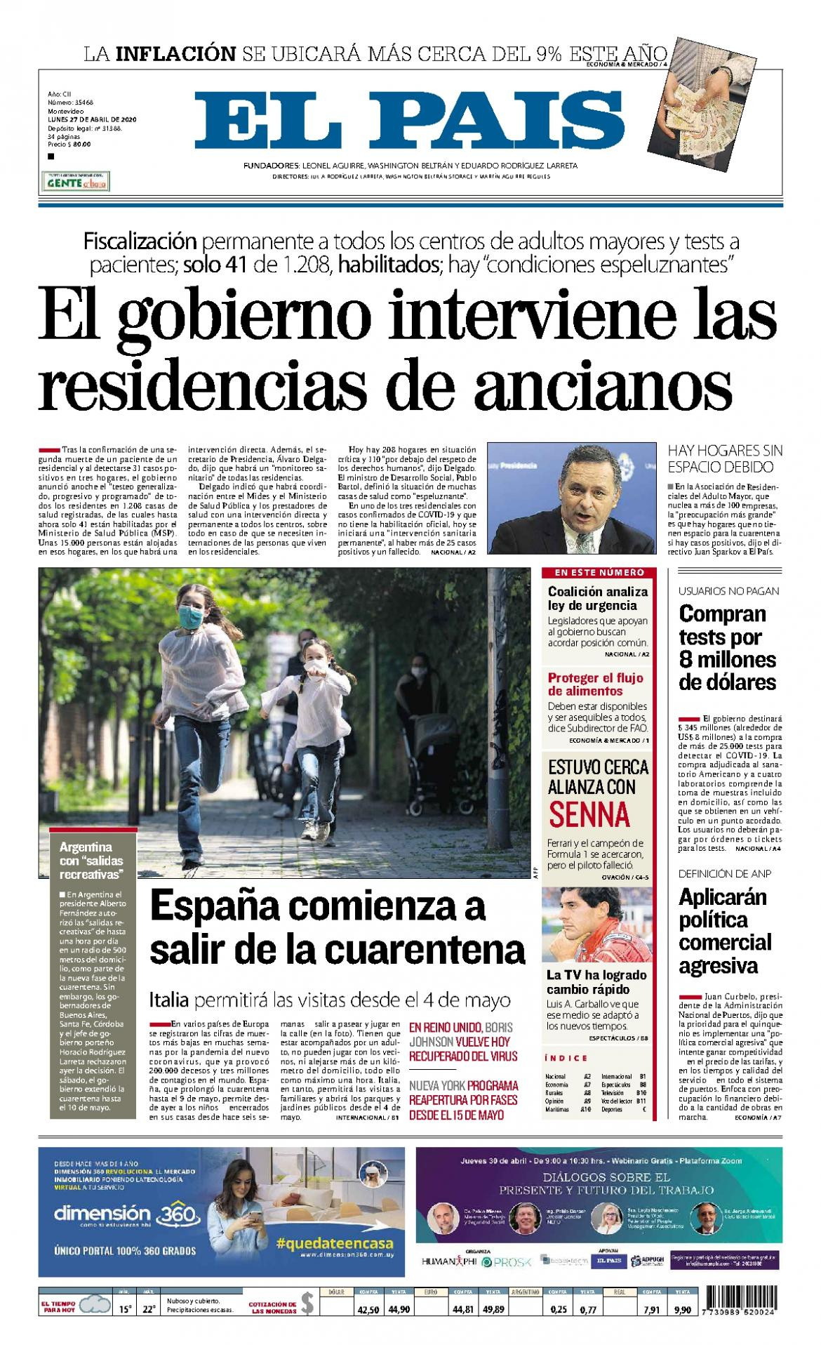 Tapas de diarios, El Pais de Uruguay, lunes 27 de abril de 2020
