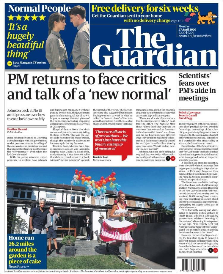 Tapas de diarios, The Guardian de Reino Unido, lunes 27 de abril de 2020