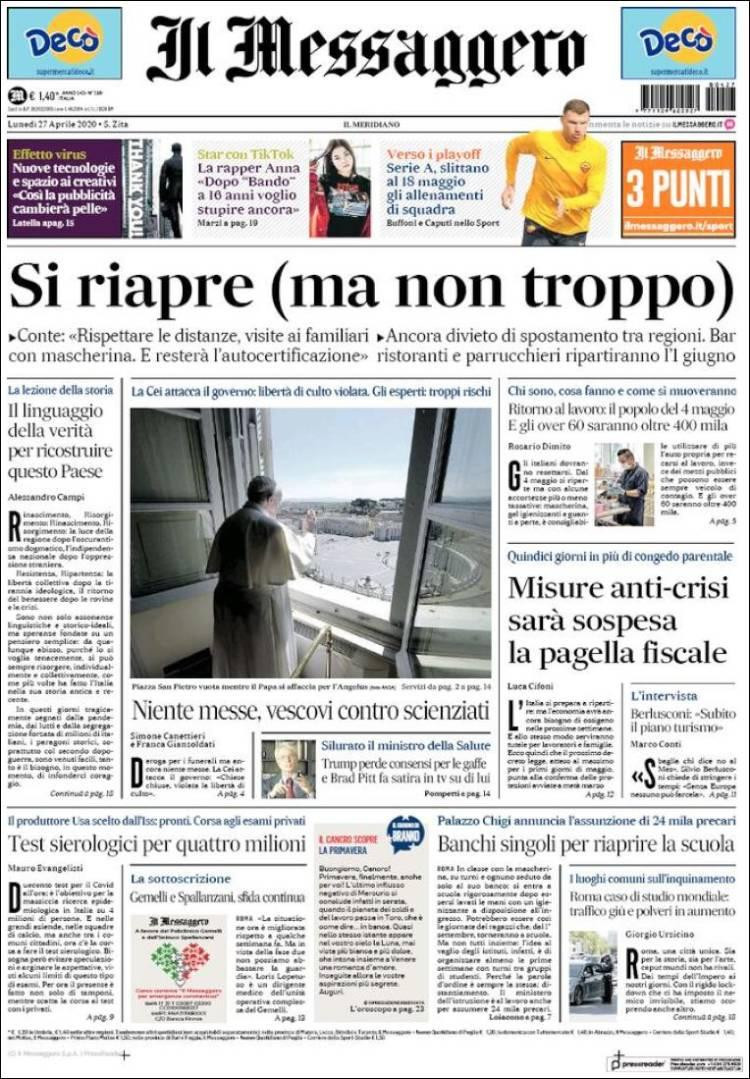 Tapas de diarios, Il Messaggero de Italia, lunes 27 de abril de 2020