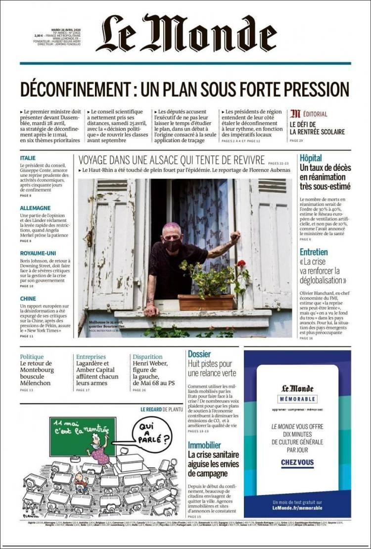 Tapas de diarios, Le Monde, martes 28 de abril de 2020
