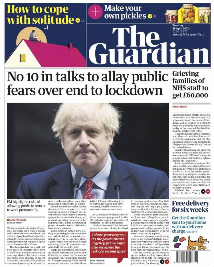 Tapas de diarios, Guardian, martes 28 de abril de 2020