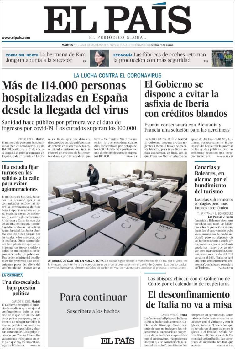 Tapas de diarios, El País, martes 28 de abril de 2020