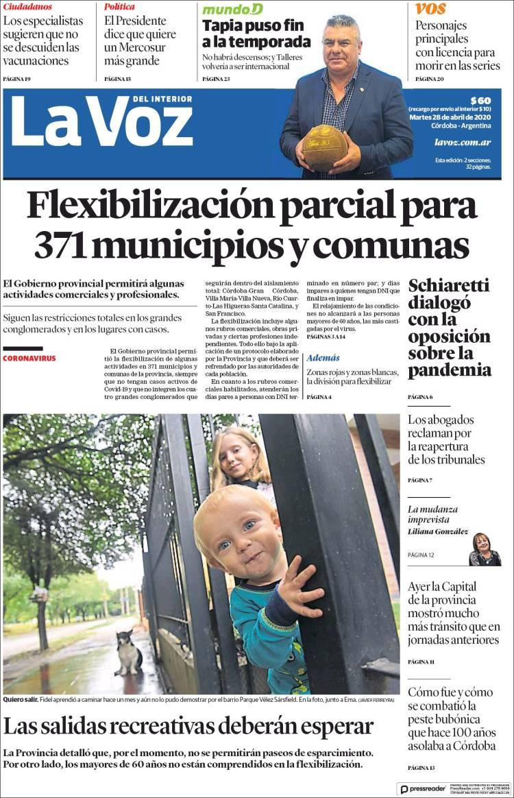 Tapas de diarios, La Voz, martes 28 de abril de 2020