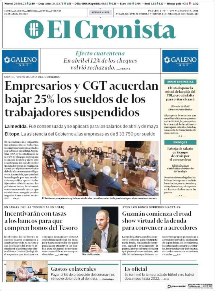 Tapas de diarios, El Cronista, martes 28 de abril de 2020