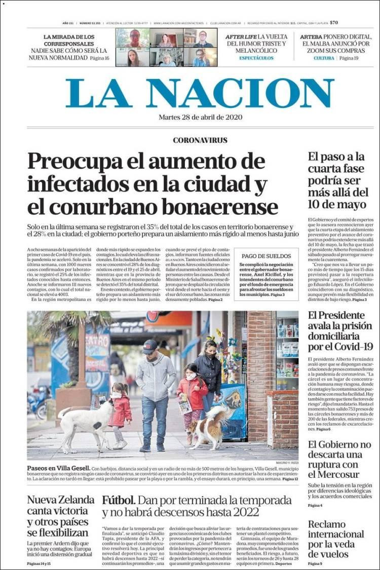 Tapas de diarios, La Nación, martes 28 de abril de 2020