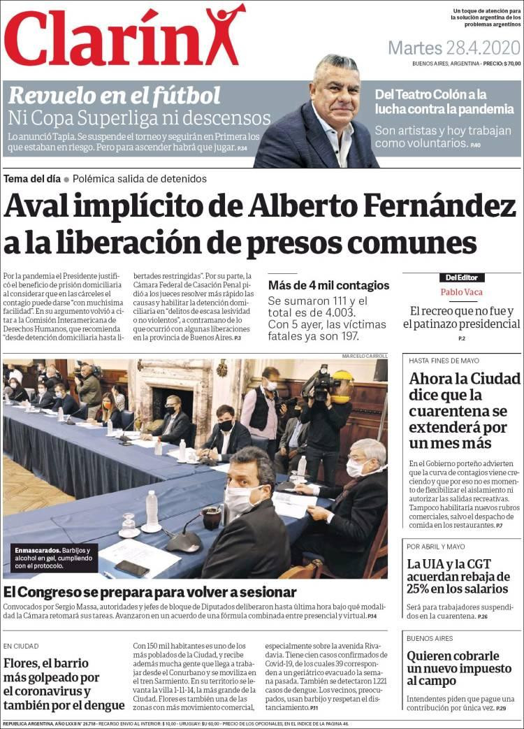 Tapas de diarios, Clarín, martes 28 de abril de 2020