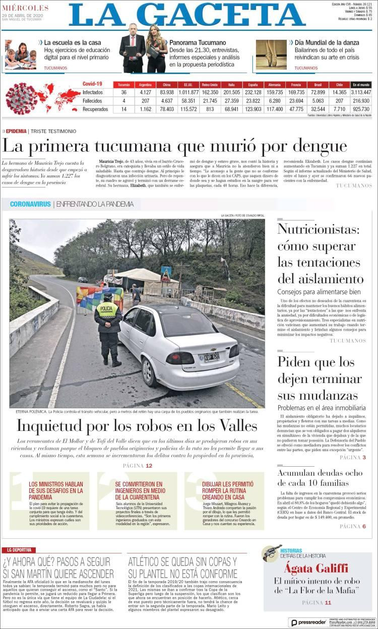 Tapas de diarios, La Gaceta, miércoles 29 de abril de 2020