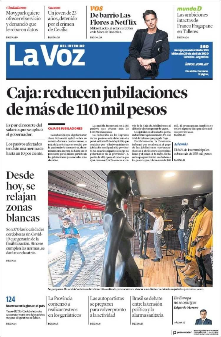 Tapas de diarios, La Voz, miércoles 29 de abril de 2020