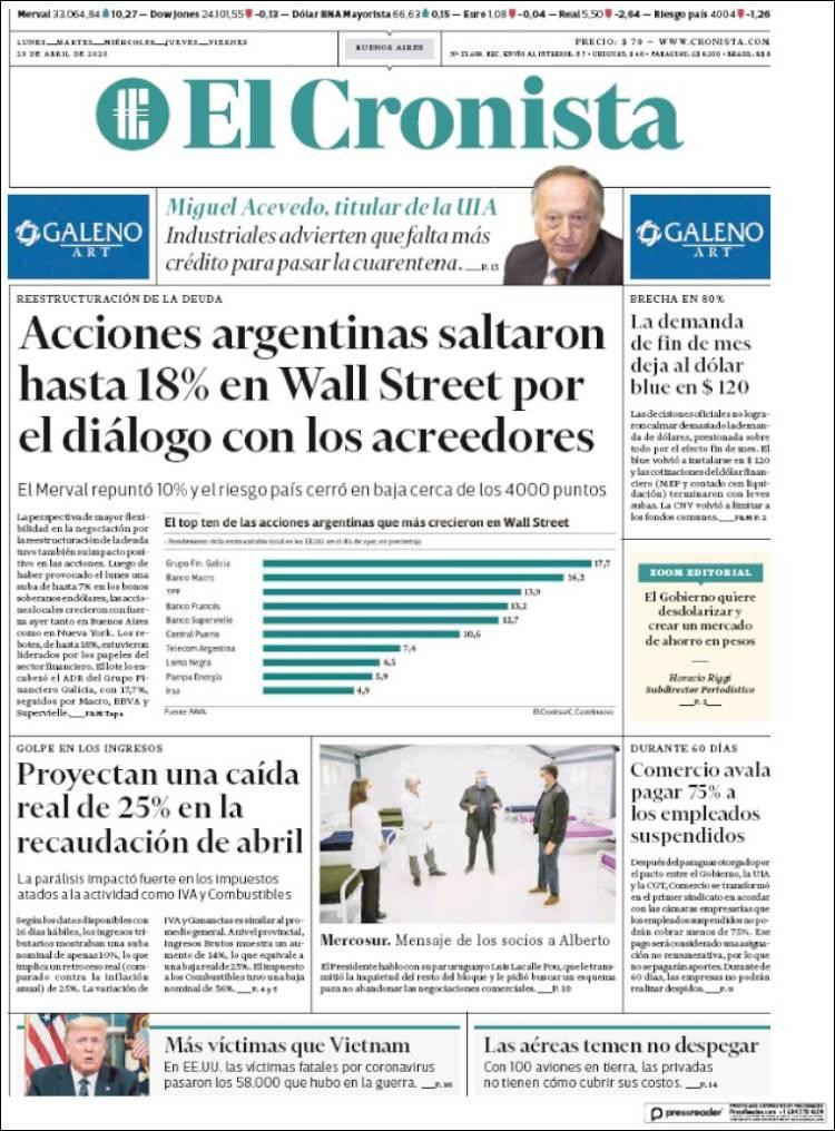 Tapas de diarios, El Cronista, miércoles 29 de abril de 2020