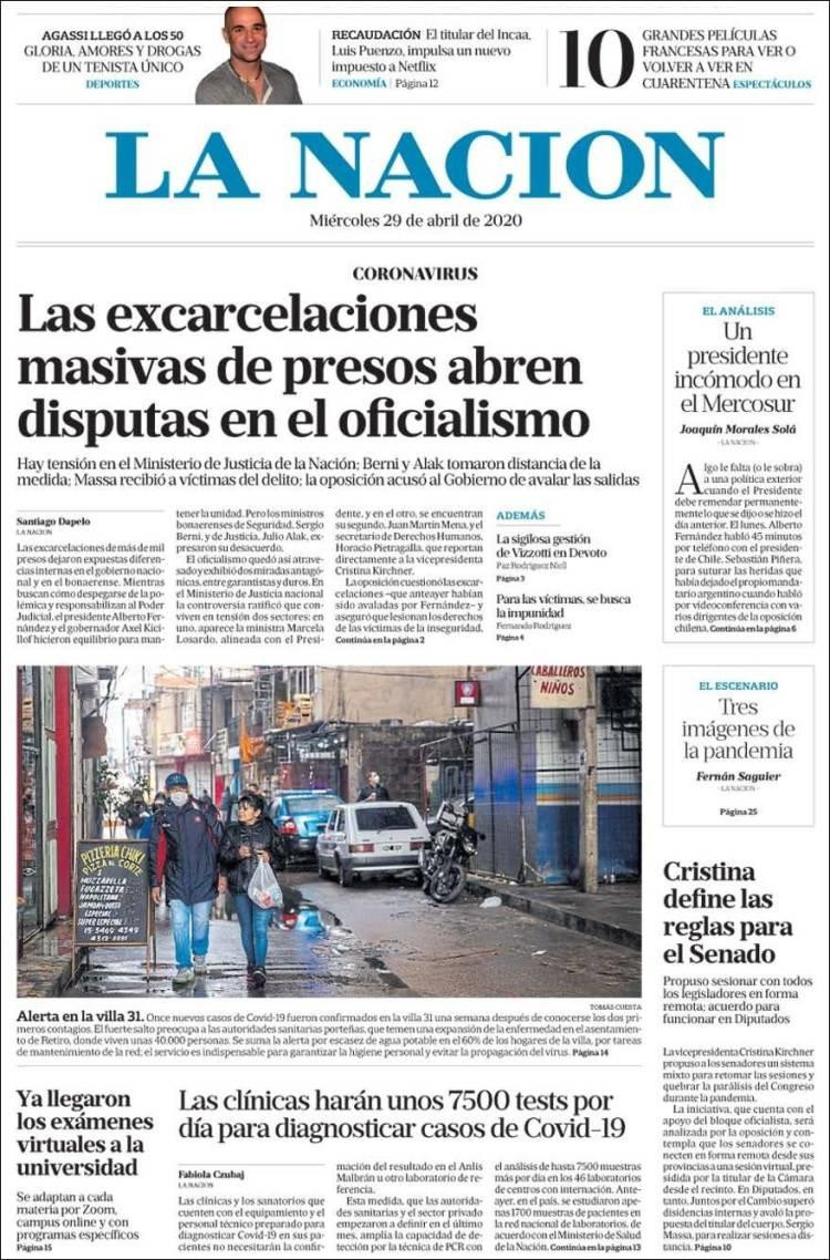 Tapas de diarios, La Nación, miércoles 29 de abril de 2020