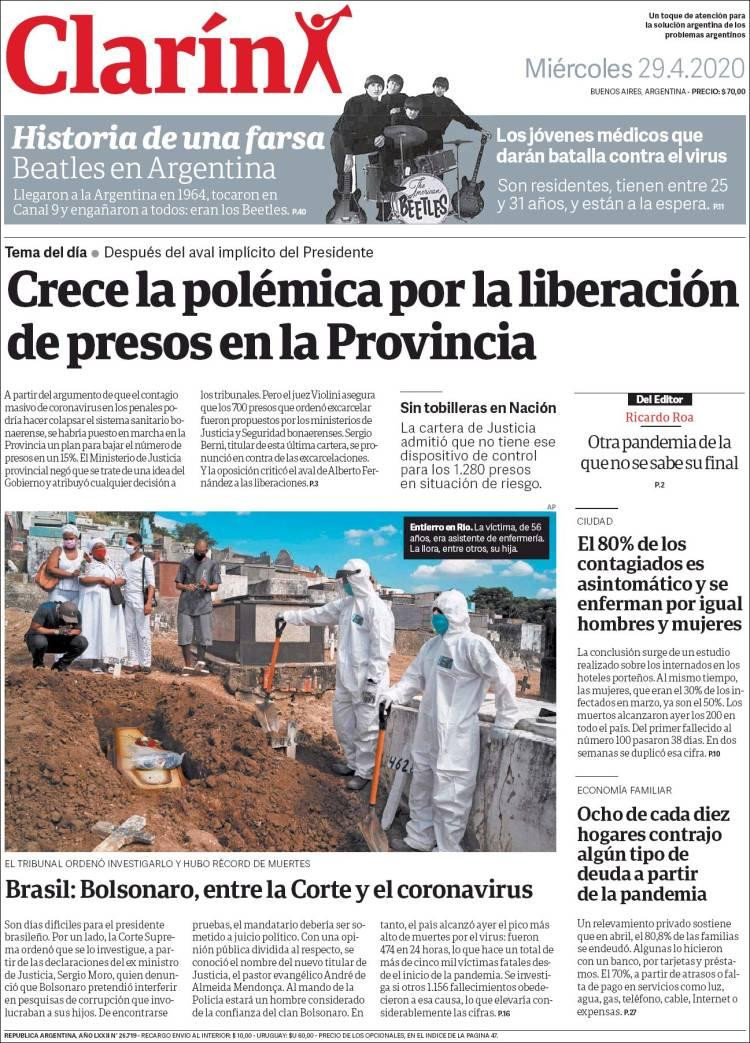 Tapas de diarios, Clarín, miércoles 29 de abril de 2020