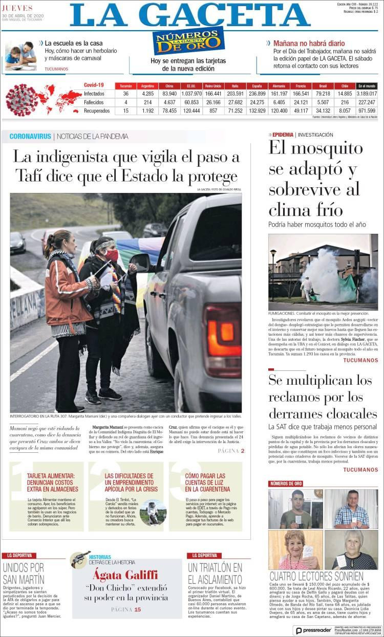 Tapas de diarios, La Gaceta, jueves 30 de abril de 2020