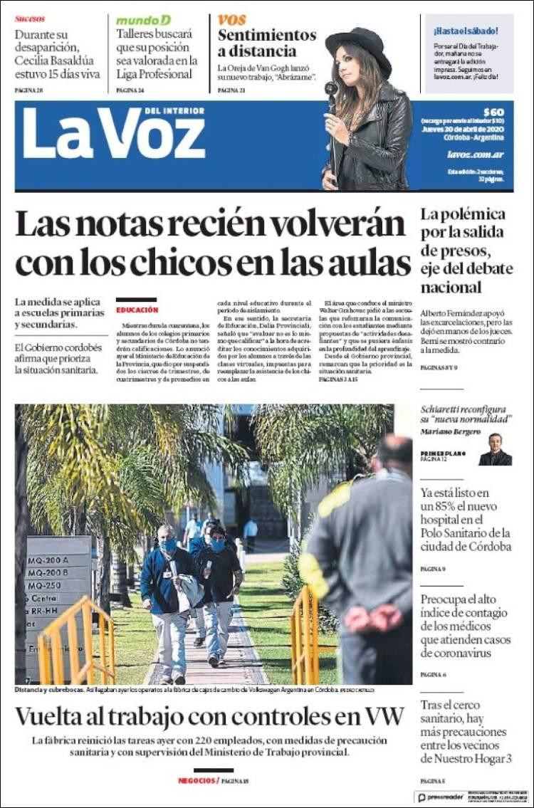 Tapas de diarios, La Voz, jueves 30 de abril de 2020