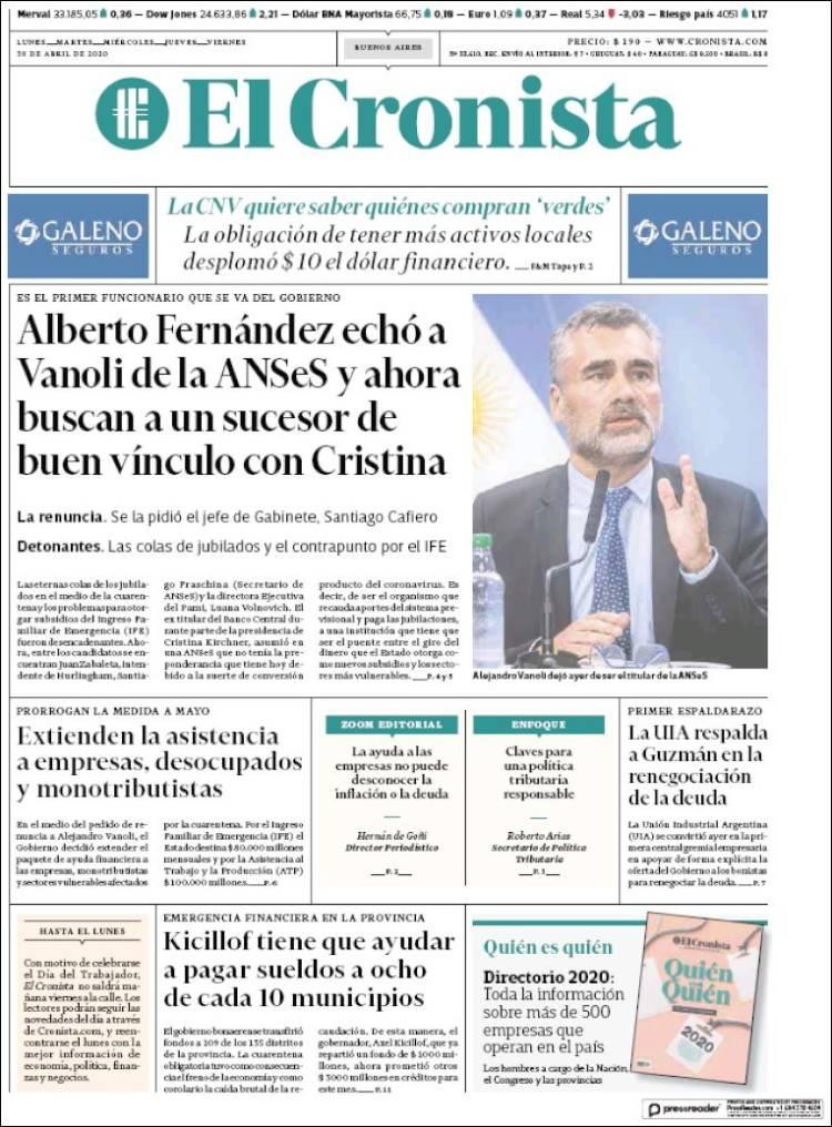 Tapas de diarios, El Cronista, jueves 30 de abril de 2020