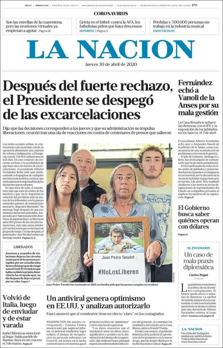 Tapas de diarios, La Nación, jueves 30 de abril de 2020