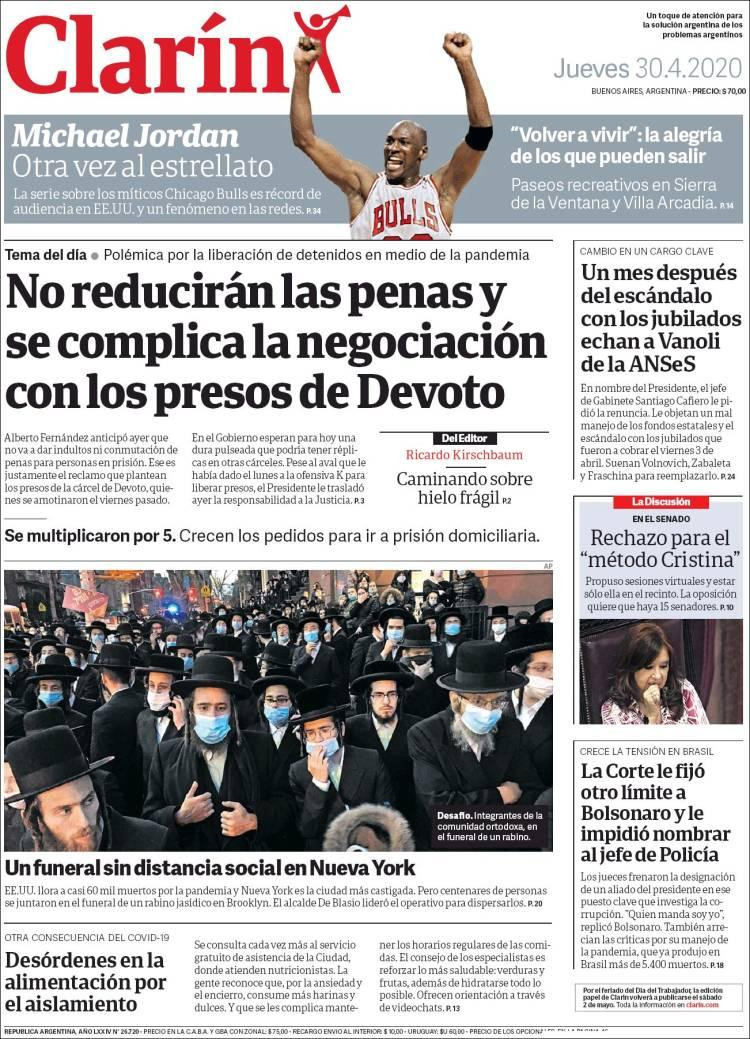 Tapas de diarios, Clarín, jueves 30 de abril de 2020