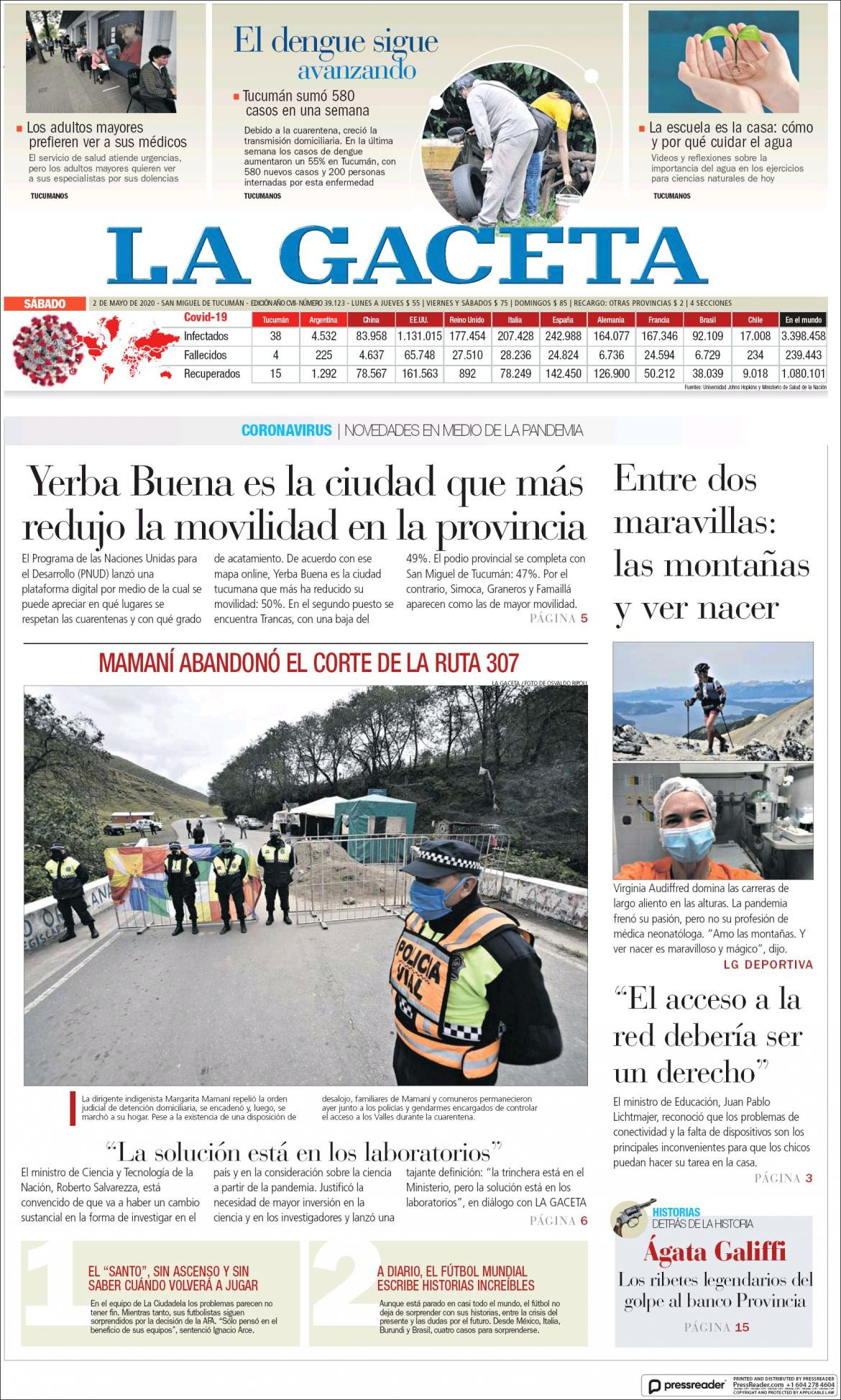 Tapas de diarios, La GacetA, sábado 2 de mayo de 2020