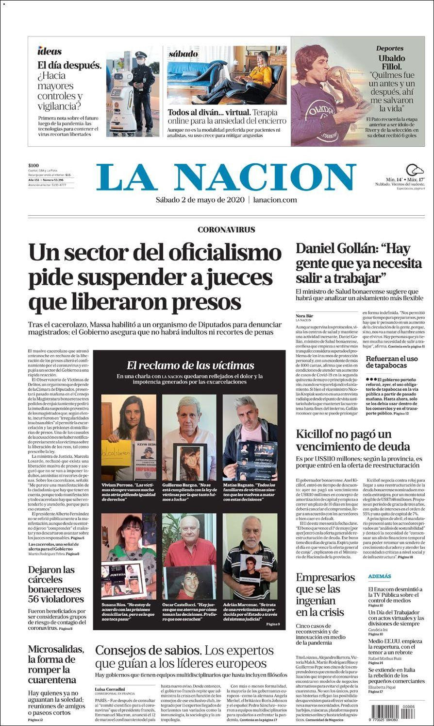 Tapas de diarios, La Nación, sábado 2 de mayo de 2020