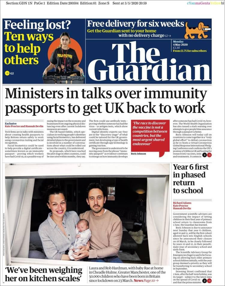 Tapas de diarios, Guardian, lunes 4 de mayo de 2020