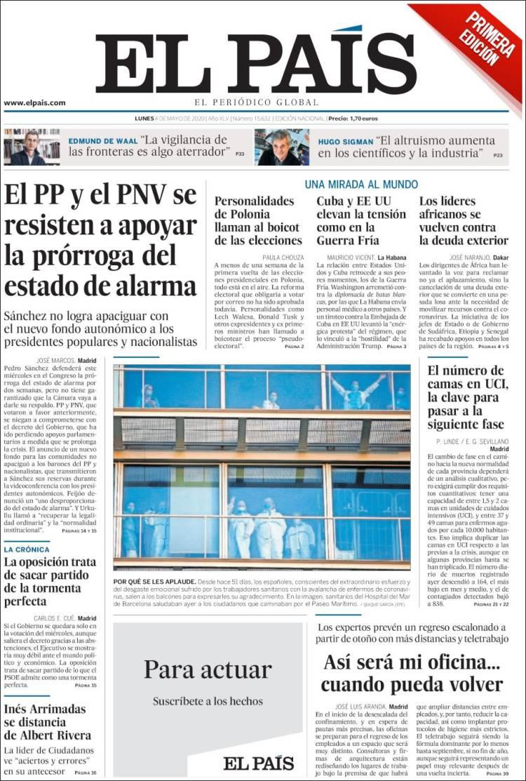 Tapas de diarios, El País, lunes 4 de mayo de 2020