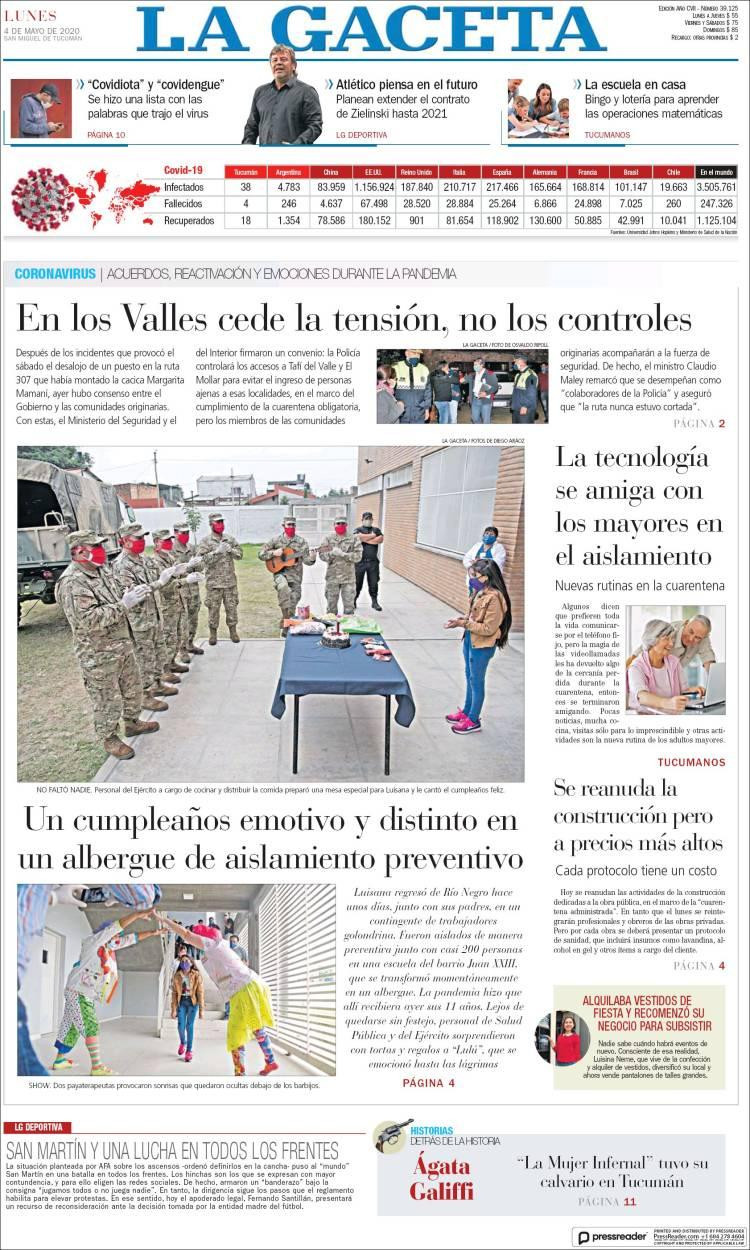 Tapas de diarios, La Gaceta, lunes 4 de mayo de 2020
