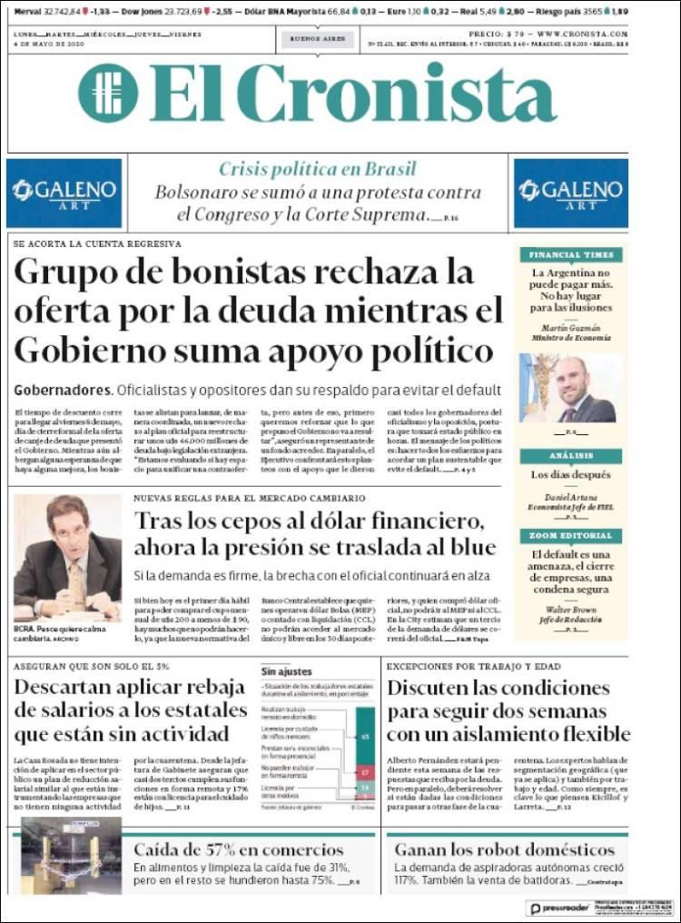 Tapas de diarios, El Cronista, lunes 4 de mayo de 2020