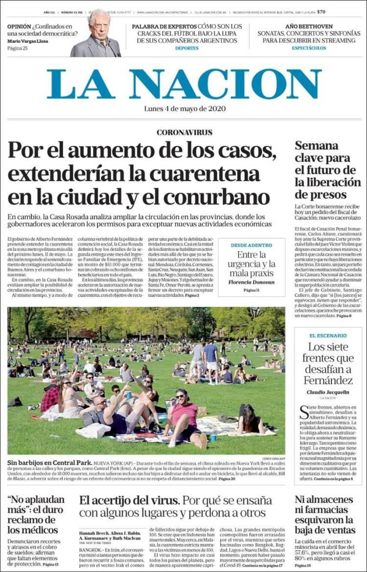 Tapas de diarios, La Nación, lunes 4 de mayo de 2020