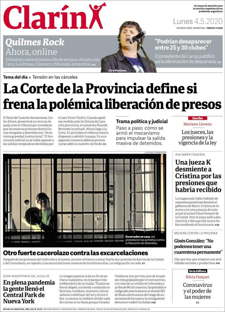 Tapas de diarios, Clarín, lunes 4 de mayo de 2020