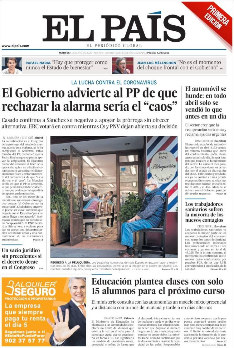 Tapas de diarios, El País, martes 5 de mayo de 2020