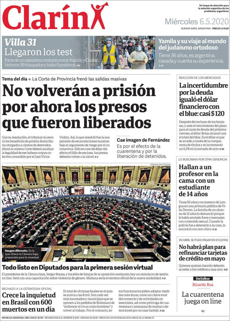 Tapas de diarios, Clarín, miércoles 6 de mayo de 2020	