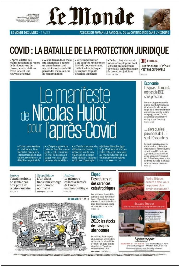 Tapas de diarios, Le Monde, jueves 7 de mayo de 2020