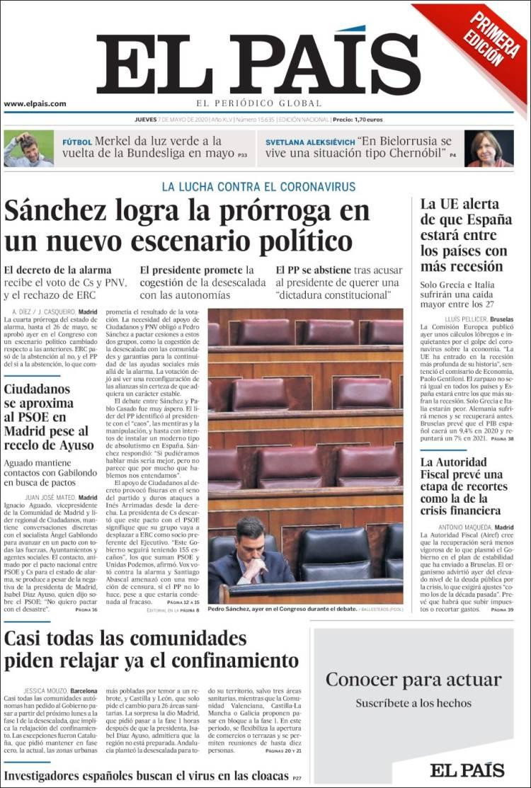 Tapas de diarios, El País, jueves 7 de mayo de 2020