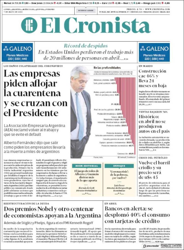 Tapas de diarios, El Cronista, jueves 7 de mayo de 2020