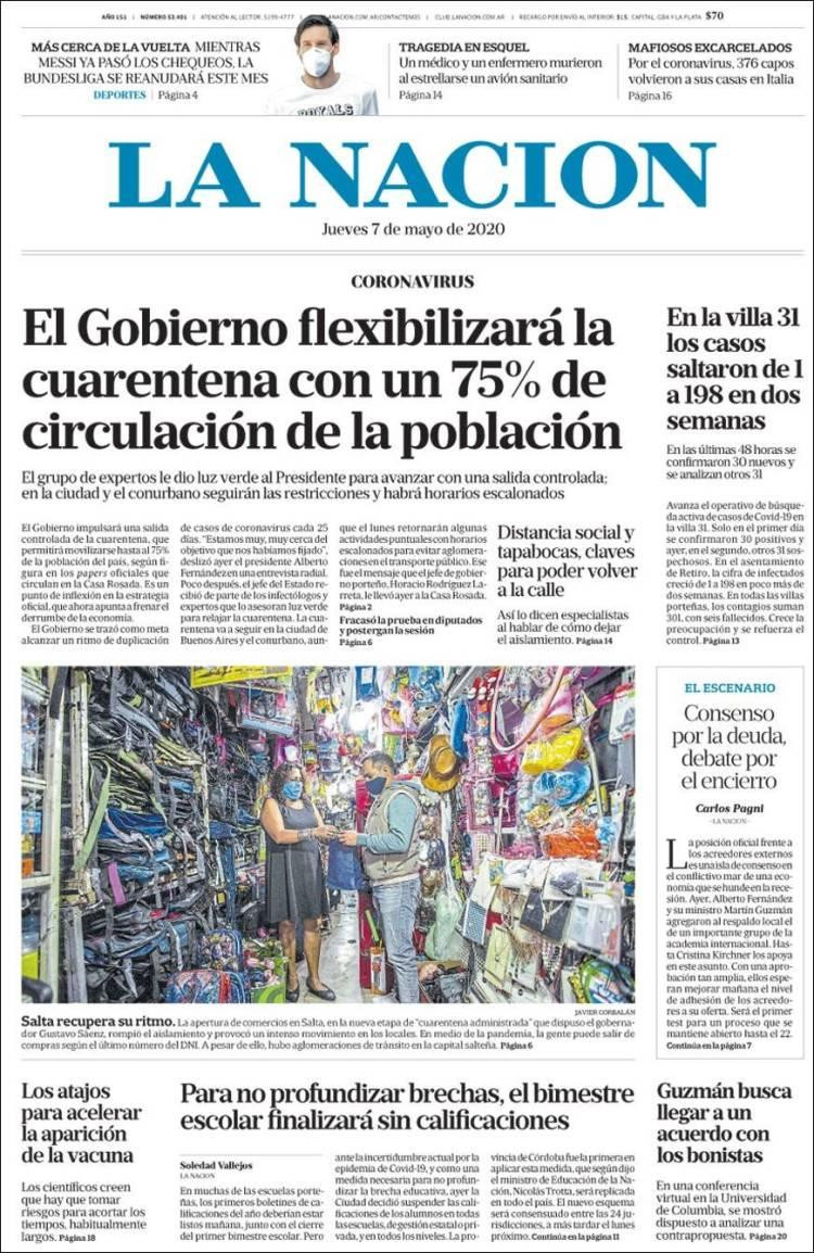 Tapas de diarios, La Nación, jueves 7 de mayo de 2020